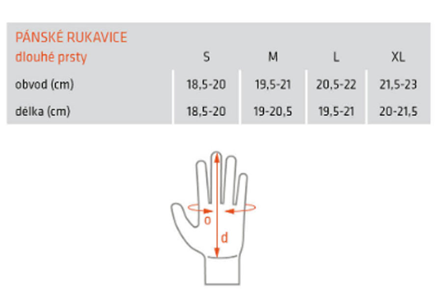 tabulka velikosti etape rukavice letni dlouhe prsty